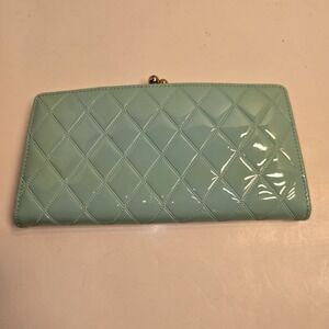 Aqua Patent Quilted Clutch Wallet Kiss Lock Closure‎ Organizer Pockets